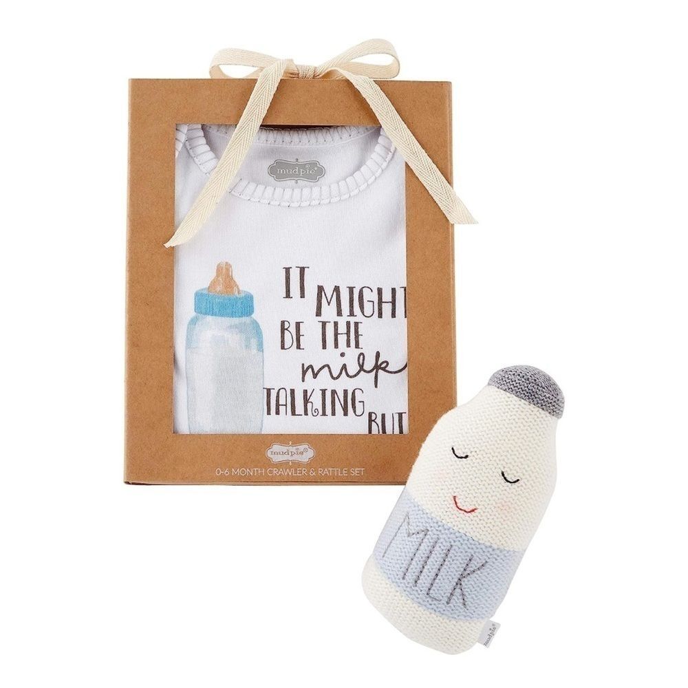 Mudpie 0-6 mos “Milk”  Crawler -  2 Piece Set with Crochet Milk Bottle Rattle